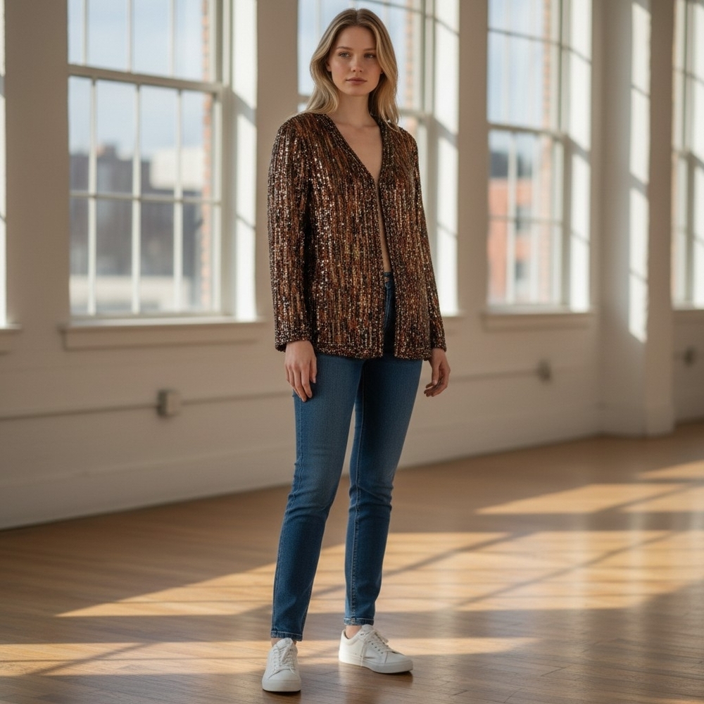 Vintage CatEye Beaded Jacket | Brown & Gold Sequin Striped Jacket | Circa 1980s